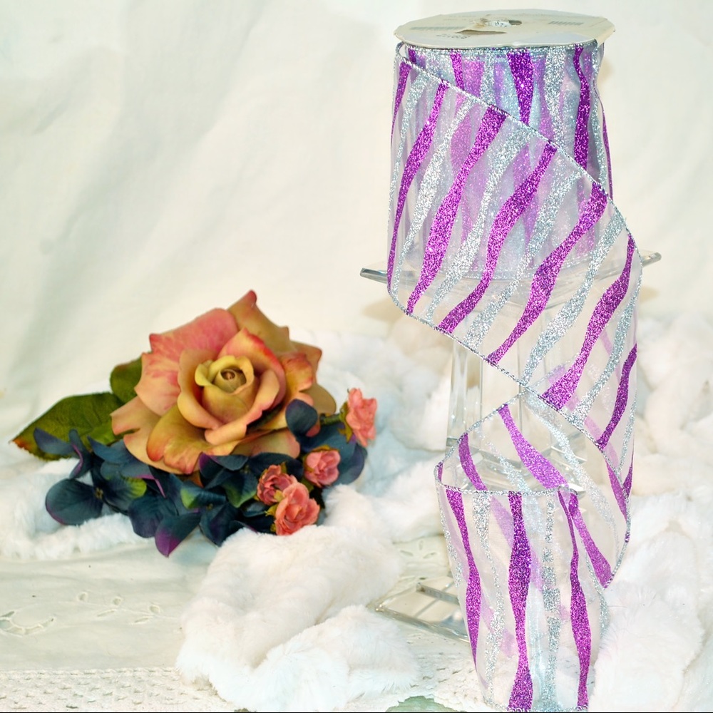 Sheer purple and silver stripe with glitter
4" x 10 yards
